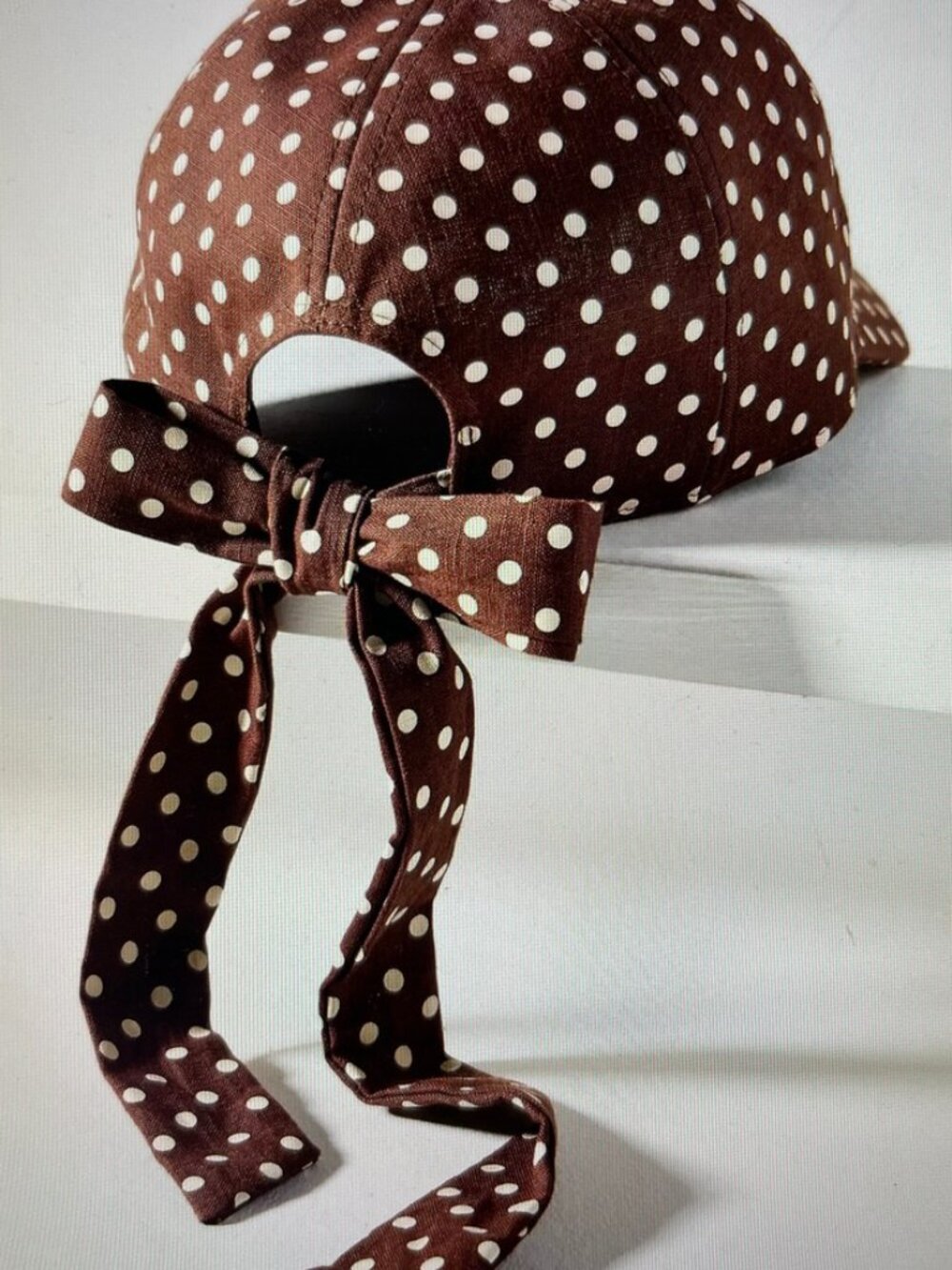 ANTHROPOLOGIE Brown & White Polka Dot Baseball Cap with Back Bow: NWT! One Size